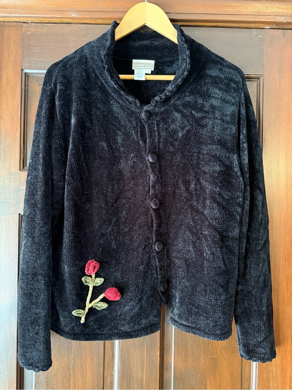 Coldwater Creek Black Button-Front Jacket with Rose Appliqué